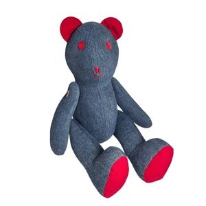 Handmade Vintage Denim Teddy Bear Red Accents Button Eyes 17" Fully Posable OOAK
